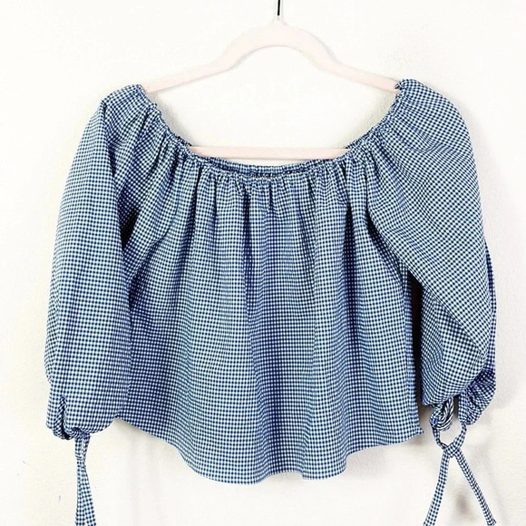 Zara Tops - Zara Gingham Checkered Blue White Off Shoulder Cropped Top Tie Sleeves size XS